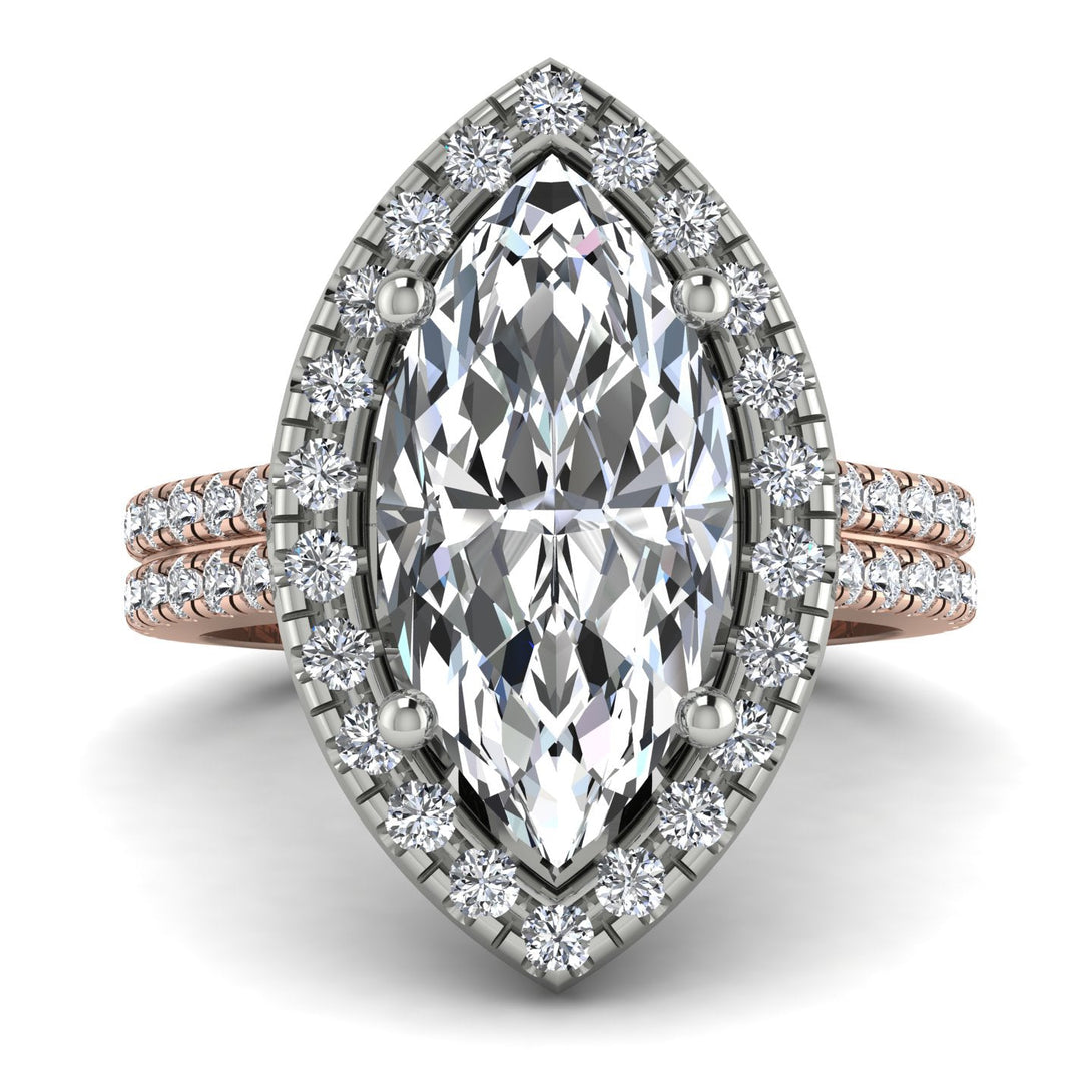 Two Tones Gorgeous Marquise Cut Diamond Pave Double Shank Engagement Ring With Hidden Stone - Miriam No. 78