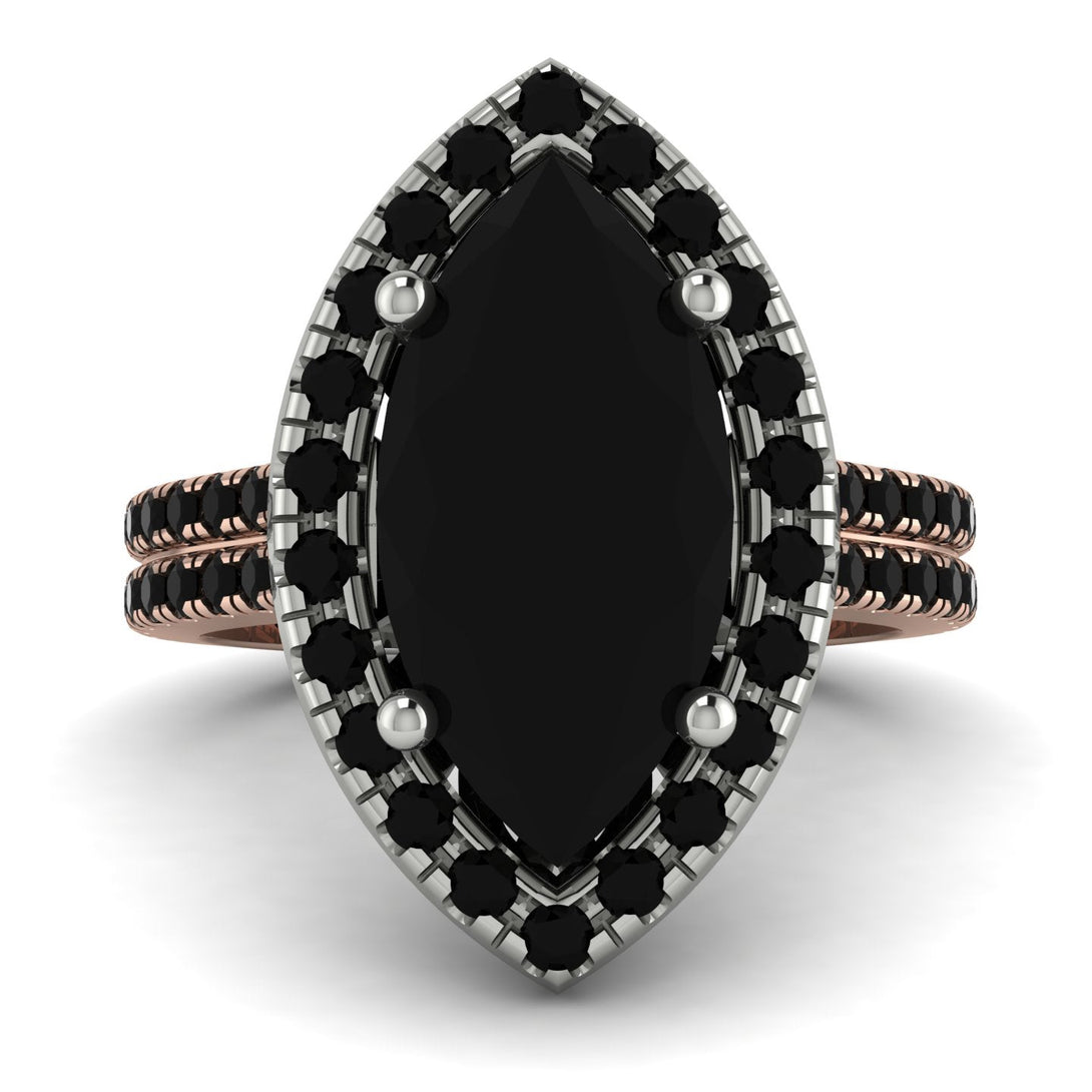 Two Tones Gorgeous Marquise Cut Black Diamond Pave Double Shank Engagement Ring With Hidden Stone - Miriam No. 81