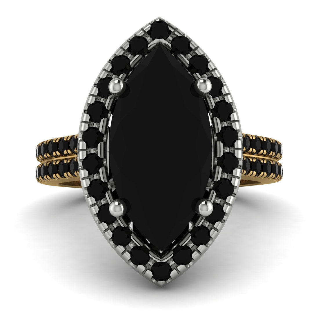 Two Tones Gorgeous Marquise Cut Black Diamond Pave Double Shank Engagement Ring With Hidden Stone - Miriam No. 80