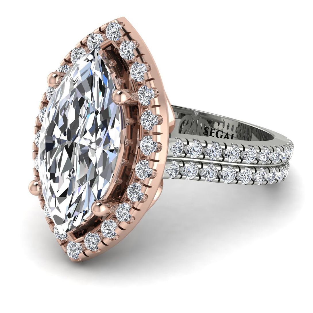 Two Tones Gorgeous Marquise Cut Diamond Pave Double Shank Engagement Ring With Hidden Stone - Miriam No. 78