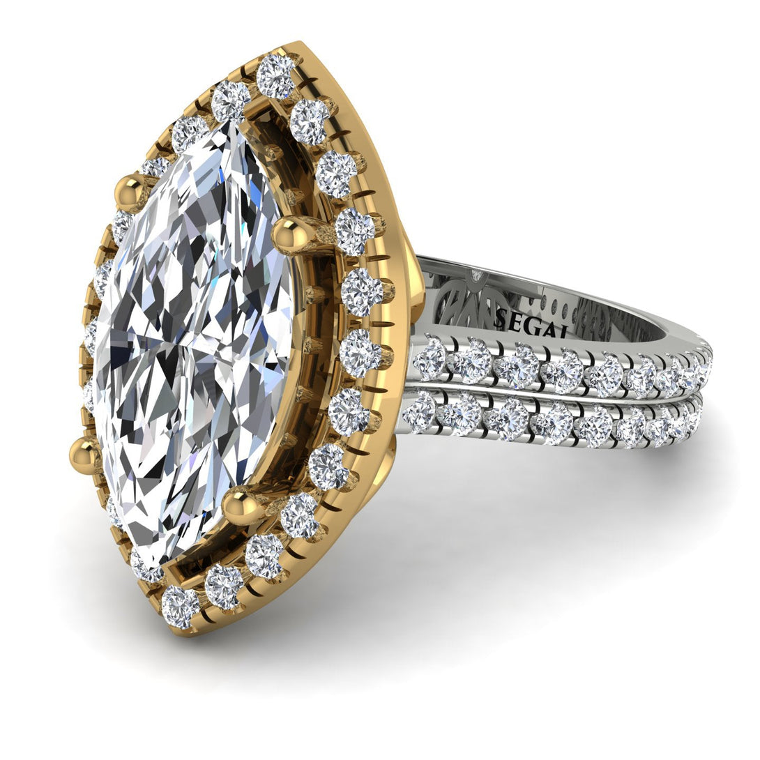 Two Tones Gorgeous Marquise Cut Diamond Pave Double Shank Engagement Ring With Hidden Stone - Miriam No. 77