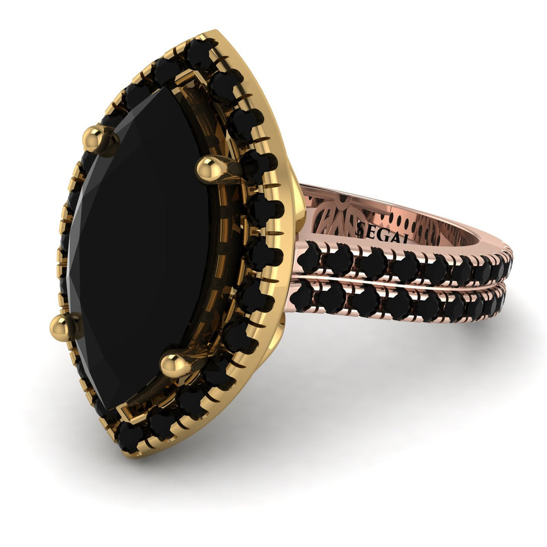 Two Tones Gorgeous Marquise Cut Black Diamond Pave Double Shank Engagement Ring With Hidden Stone - Miriam No. 79