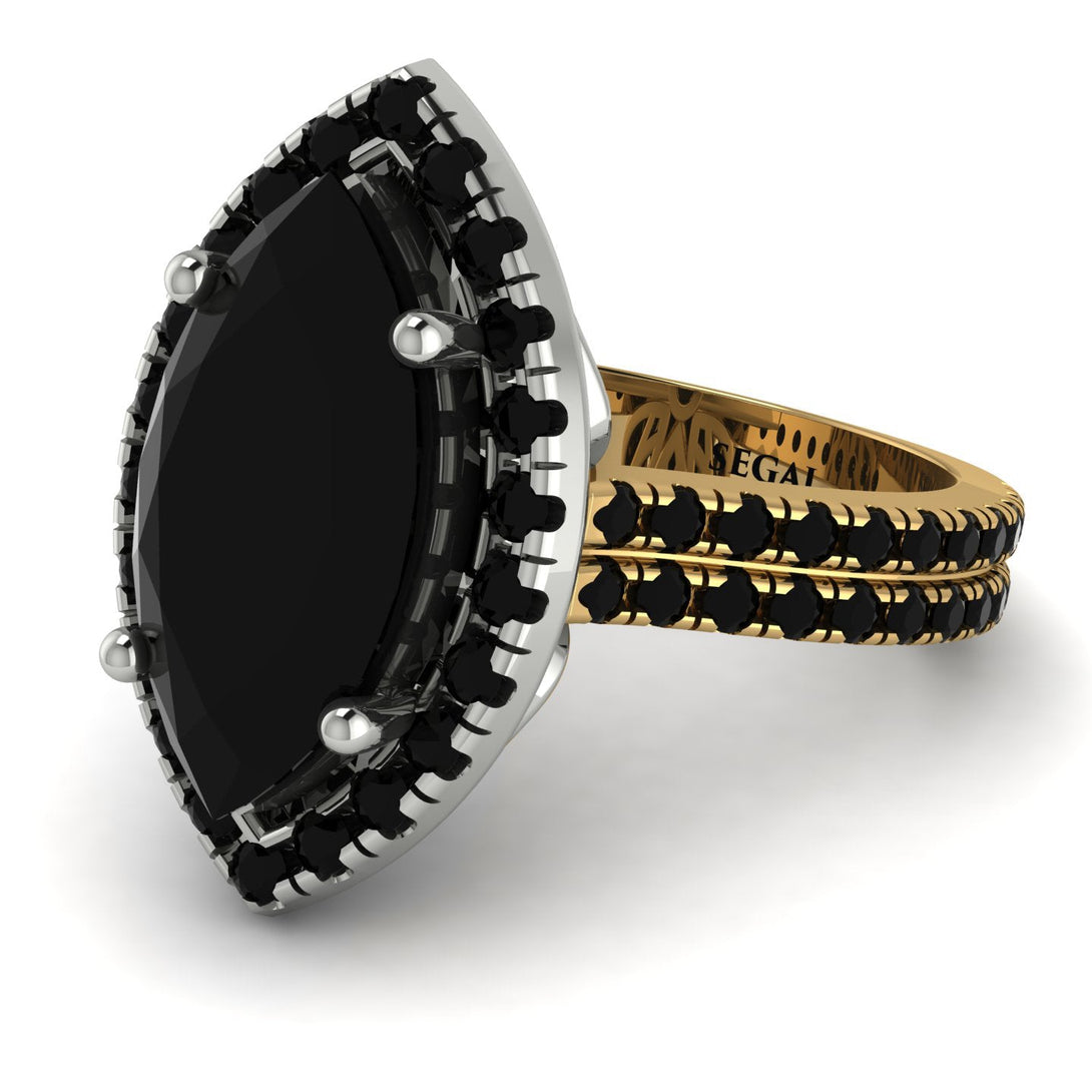 Two Tones Gorgeous Marquise Cut Black Diamond Pave Double Shank Engagement Ring With Hidden Stone - Miriam No. 80