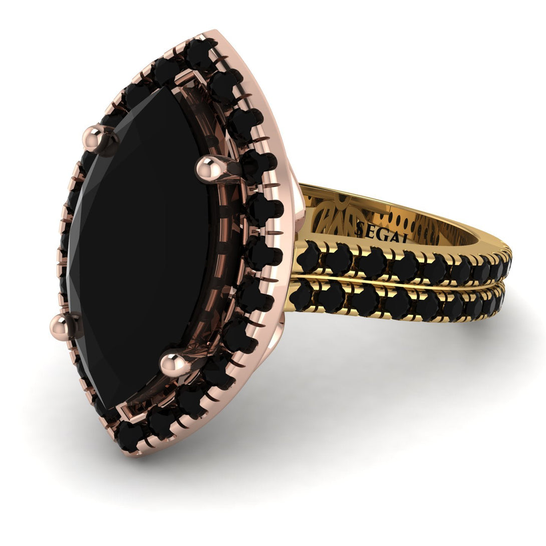 Two Tones Gorgeous Marquise Cut Black Diamond Pave Double Shank Engagement Ring With Hidden Stone - Miriam No. 79