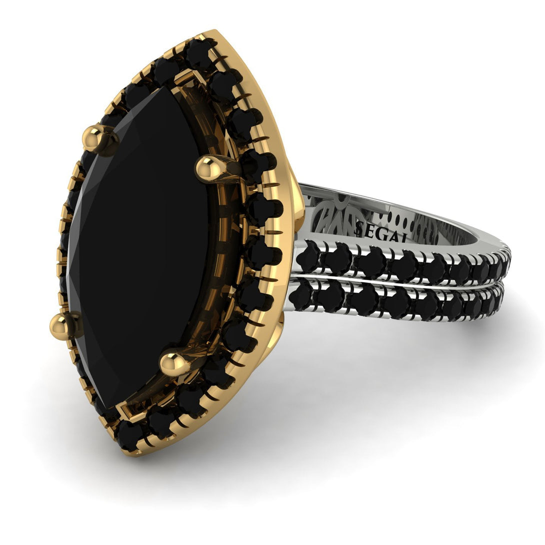 Two Tones Gorgeous Marquise Cut Black Diamond Pave Double Shank Engagement Ring With Hidden Stone - Miriam No. 80