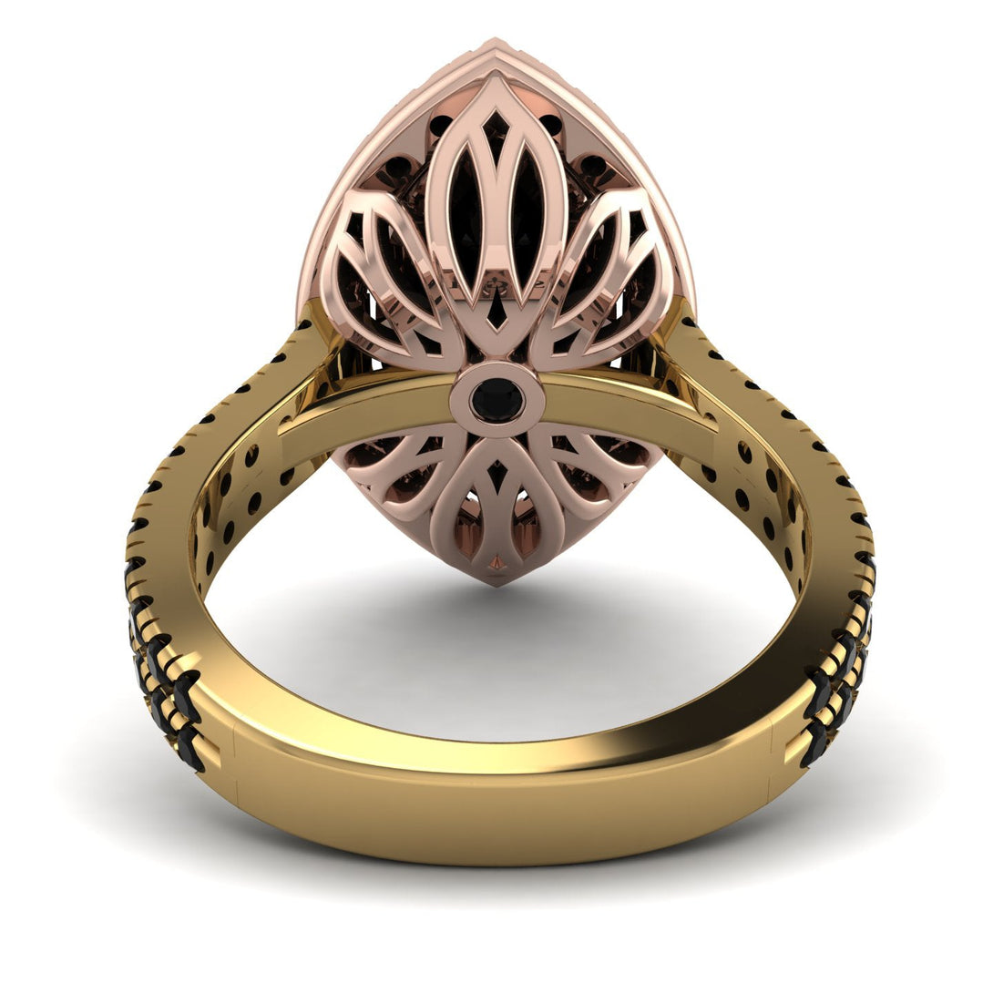 Two Tones Gorgeous Marquise Cut Black Diamond Pave Double Shank Engagement Ring With Hidden Stone - Miriam No. 79