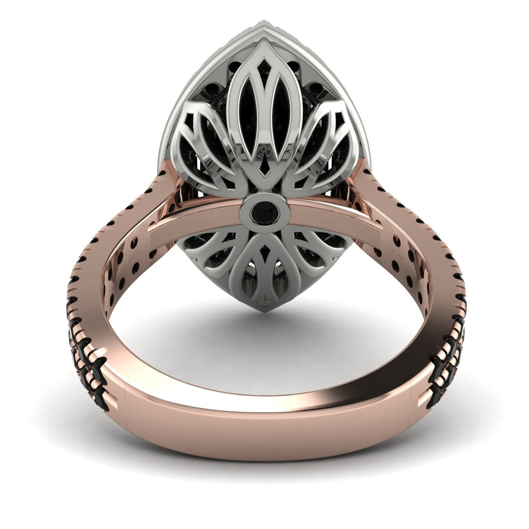 Two Tones Gorgeous Marquise Cut Black Diamond Pave Double Shank Engagement Ring With Hidden Stone - Miriam No. 81