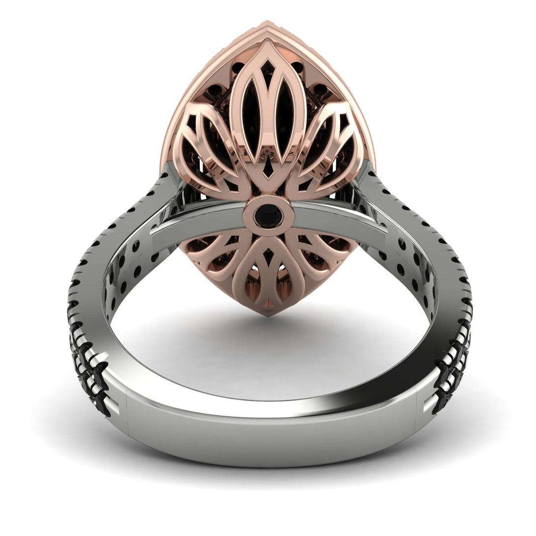 Two Tones Gorgeous Marquise Cut Black Diamond Pave Double Shank Engagement Ring With Hidden Stone - Miriam No. 81