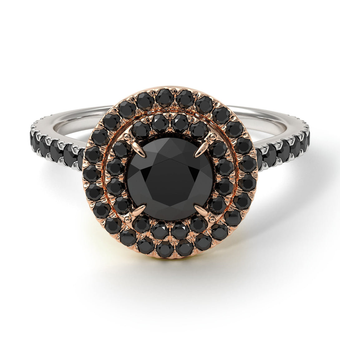 Two Tones Double Halo Black Diamond Ring - Zoey No. 81