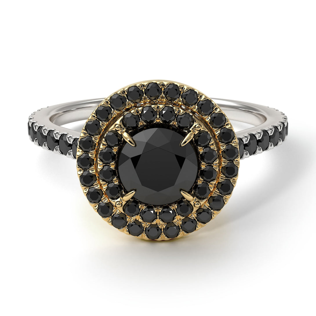 Two Tones Double Halo Black Diamond Ring - Zoey No. 80