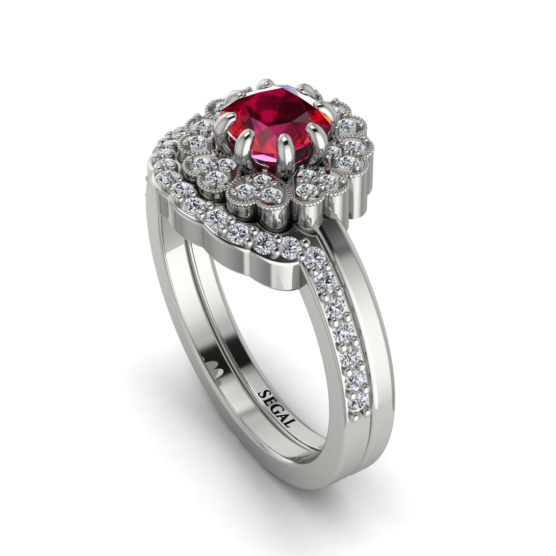 Double Halo Ruby Cushion Bridal Set - Sharon No. 12