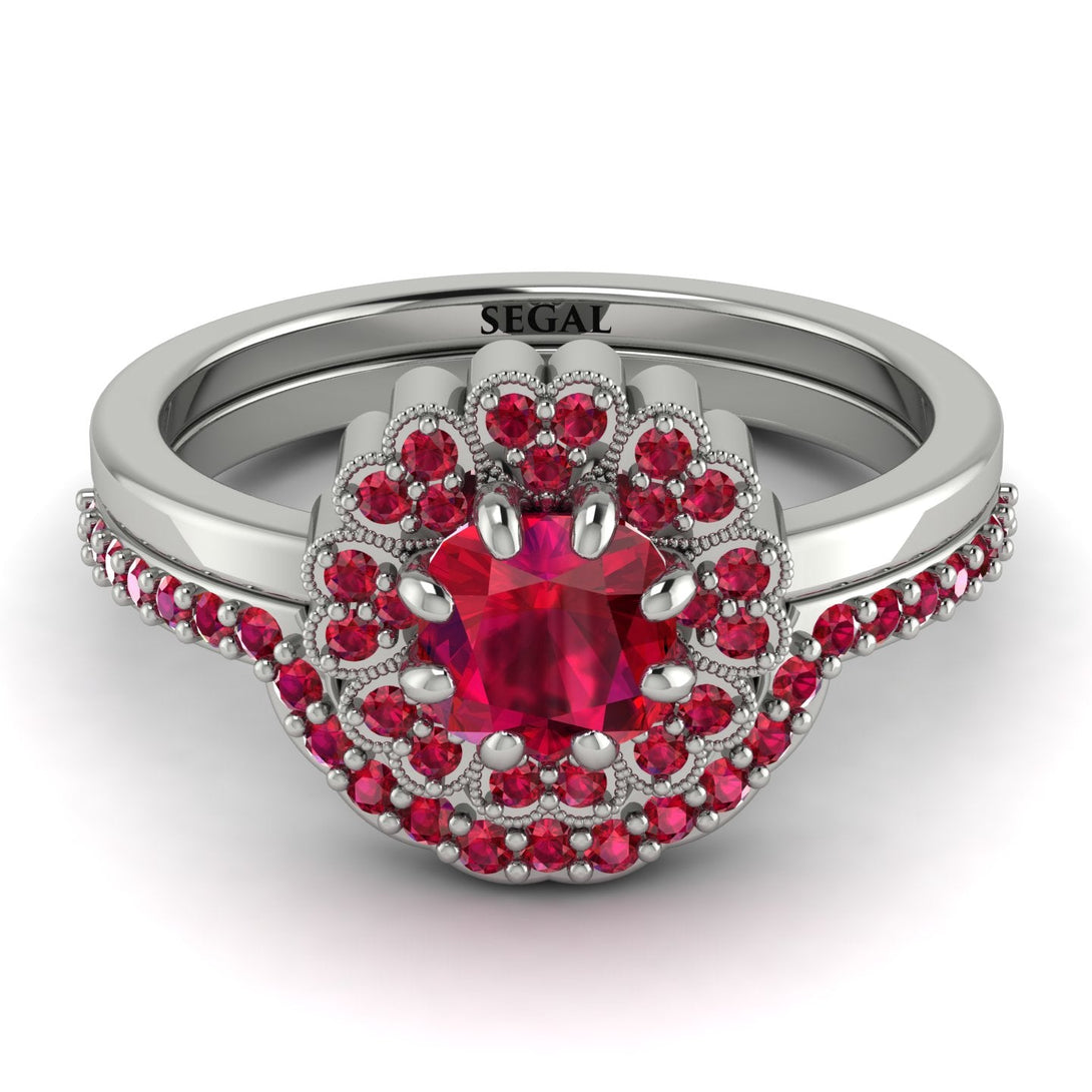 Double Halo Ruby Cushion Bridal Set - Sharon No. 57