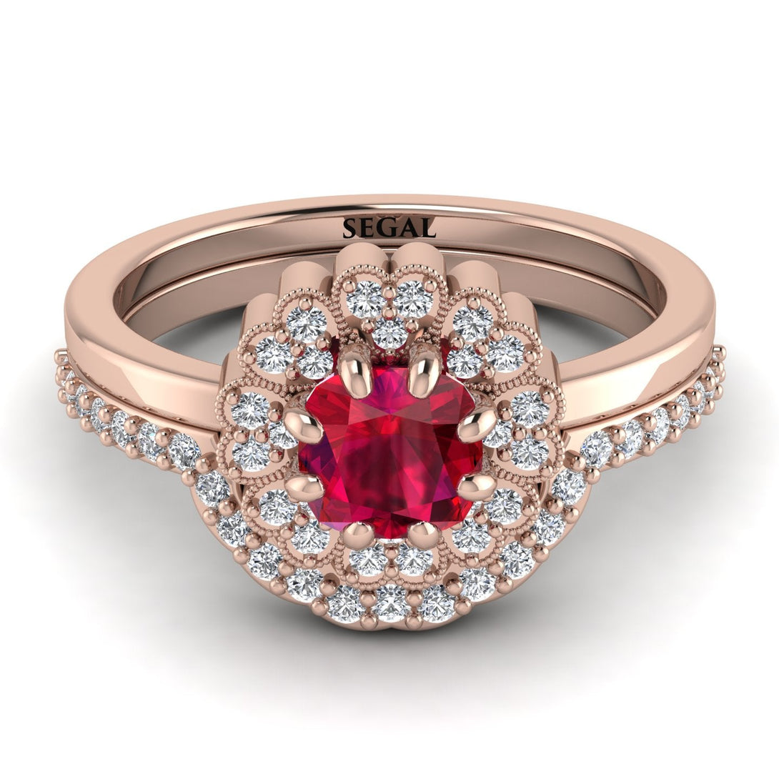 Double Halo Ruby Cushion Bridal Set - Sharon No. 11