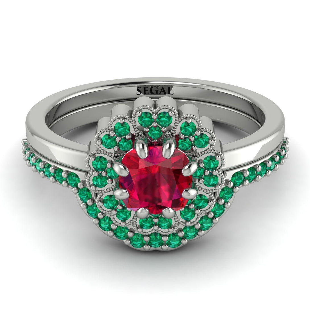 Double Halo Ruby Cushion Bridal Set - Sharon No. 27