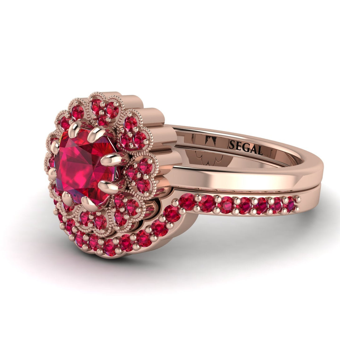 Double Halo Ruby Cushion Bridal Set - Sharon No. 56