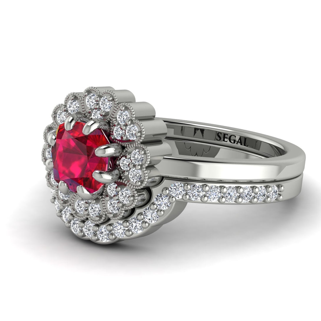 Double Halo Ruby Cushion Bridal Set - Sharon No. 12