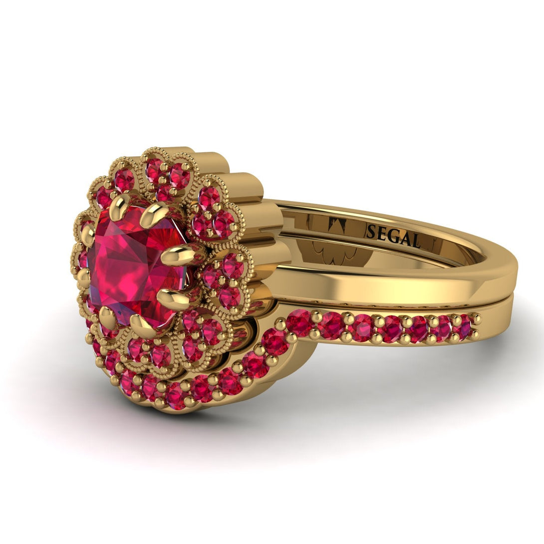 Double Halo Ruby Cushion Bridal Set - Sharon No. 55