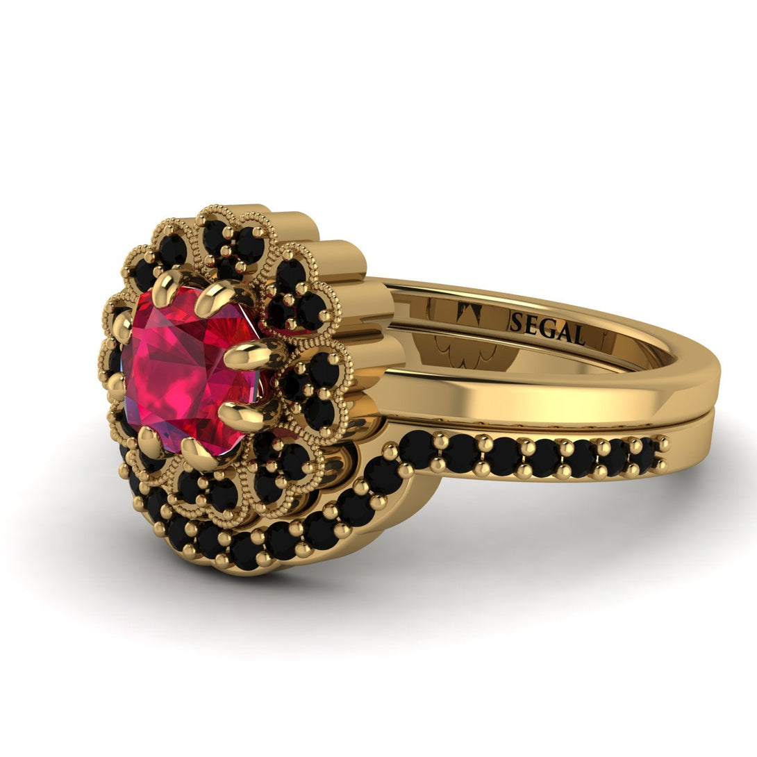 Double Halo Ruby Cushion Bridal Set - Sharon No. 40