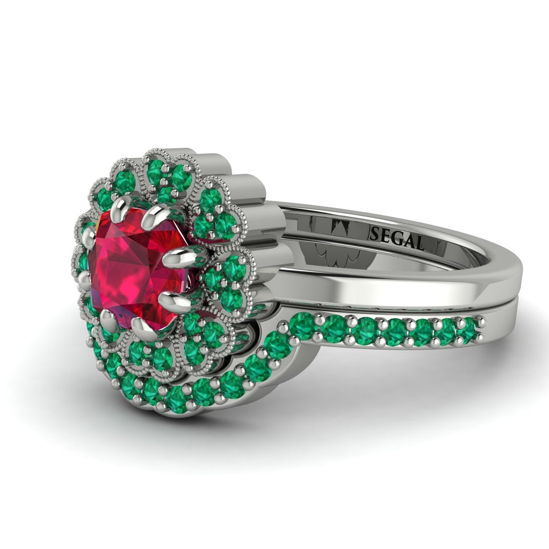 Double Halo Ruby Cushion Bridal Set - Sharon No. 27