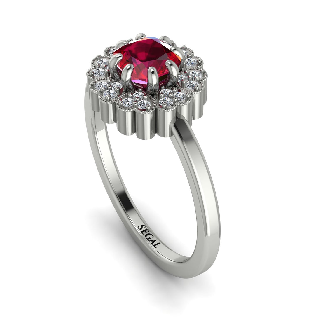 Double Halo Ruby Cushion Engagement Ring - Sharon No. 12