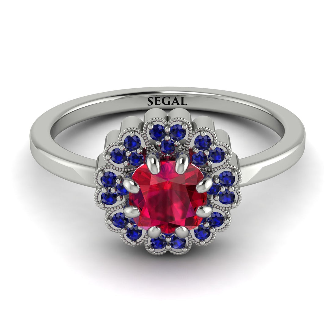 Double Halo Ruby Cushion Engagement Ring - Sharon No. 72