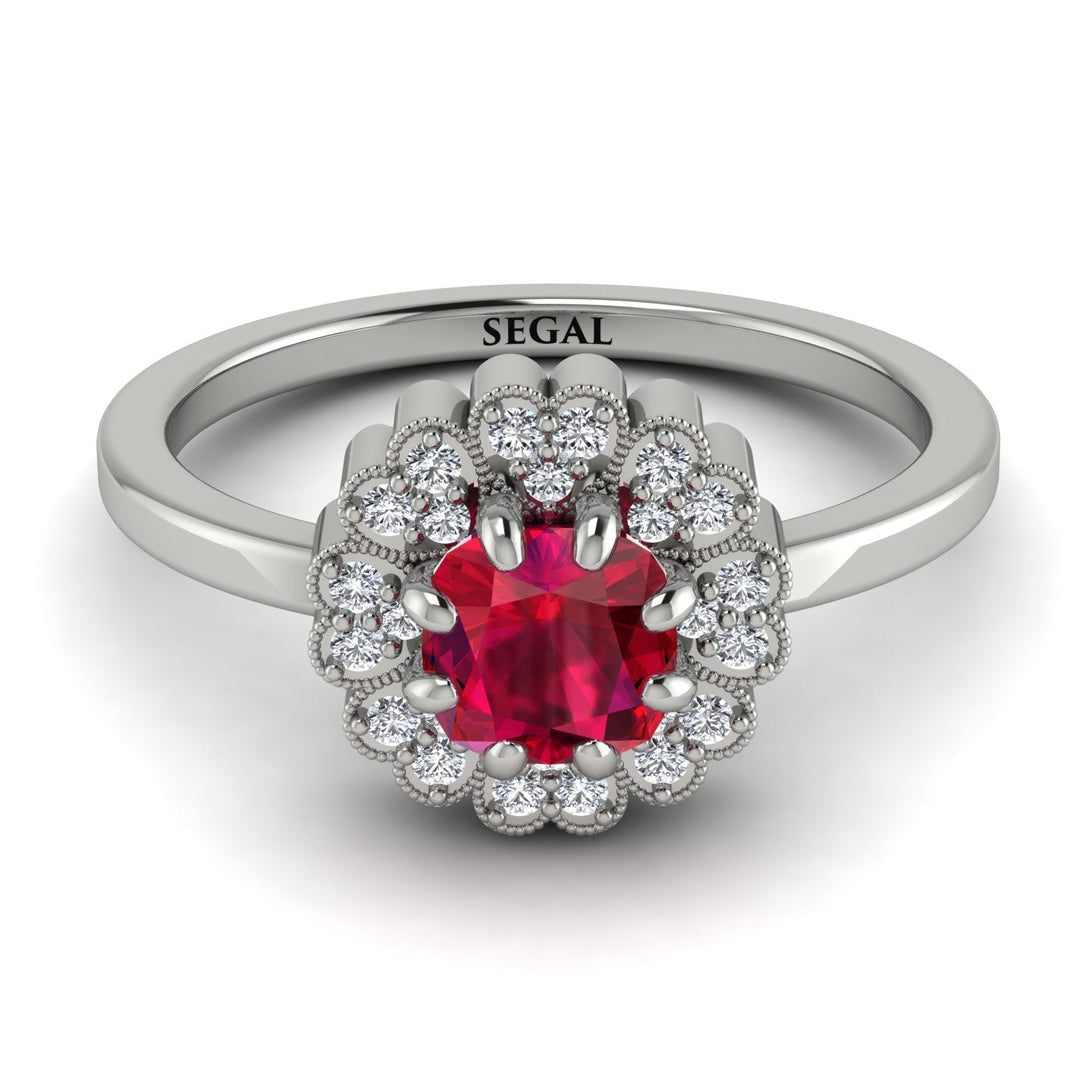 Double Halo Ruby Cushion Engagement Ring - Sharon No. 12