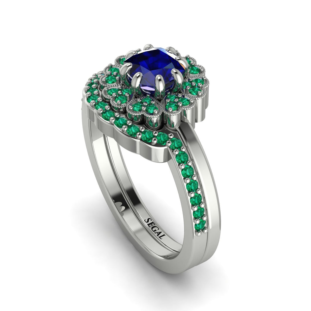 Double Halo Sapphire Cushion Bridal Set - Sharon No. 30