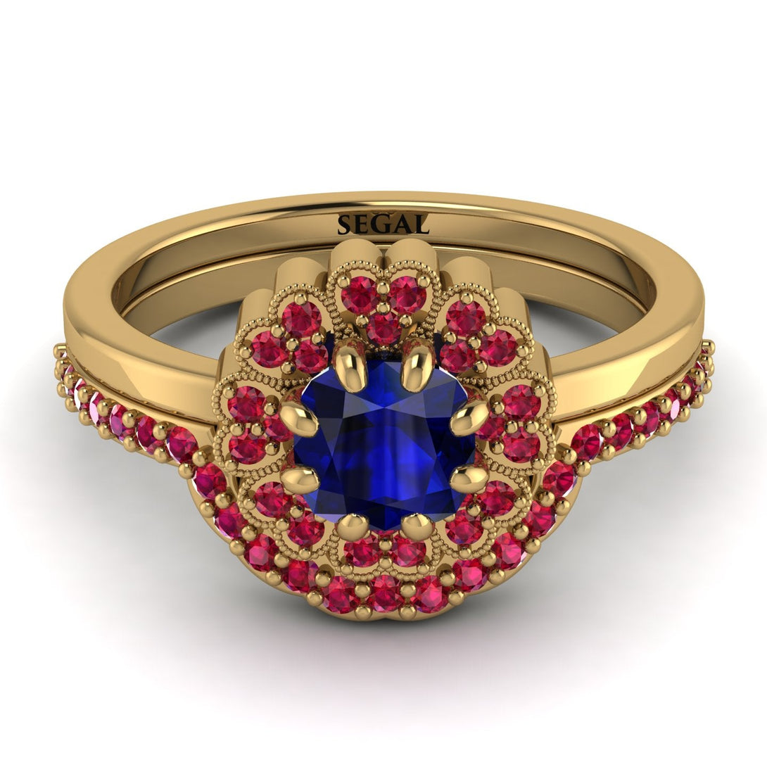 Double Halo Sapphire Cushion Bridal Set - Sharon No. 58