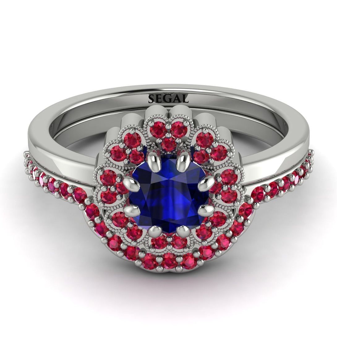 Double Halo Sapphire Cushion Bridal Set - Sharon No. 60