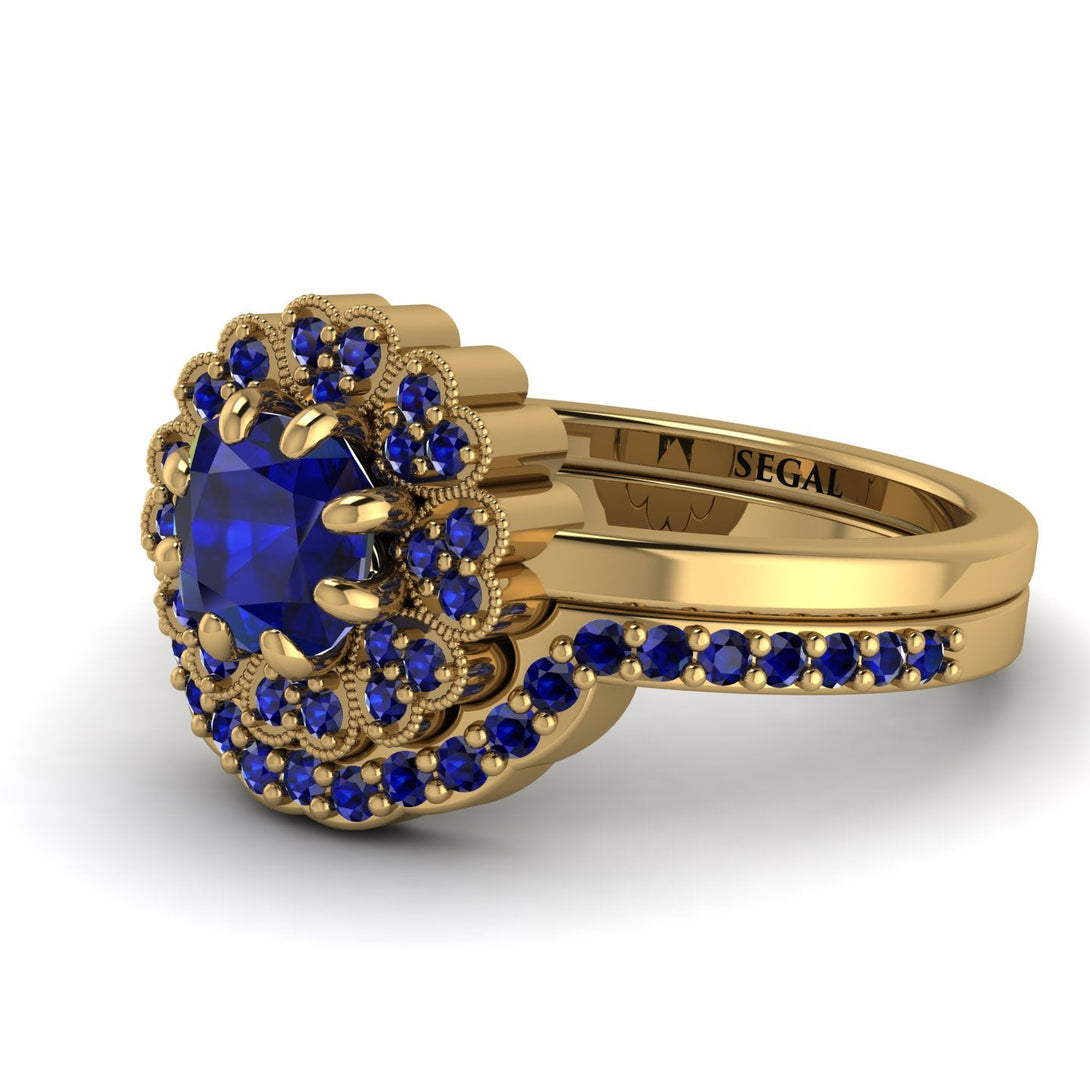 Double Halo Sapphire Cushion Bridal Set - Sharon No. 73