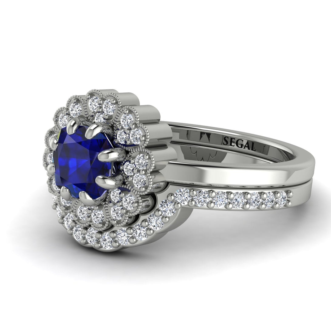 Double Halo Sapphire Cushion Bridal Set - Sharon No. 15