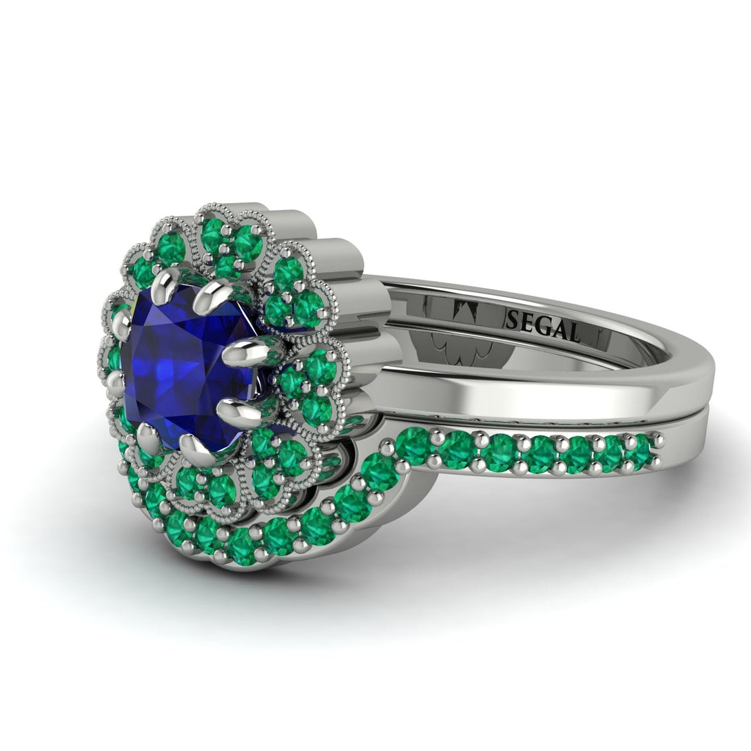 Double Halo Sapphire Cushion Bridal Set - Sharon No. 30
