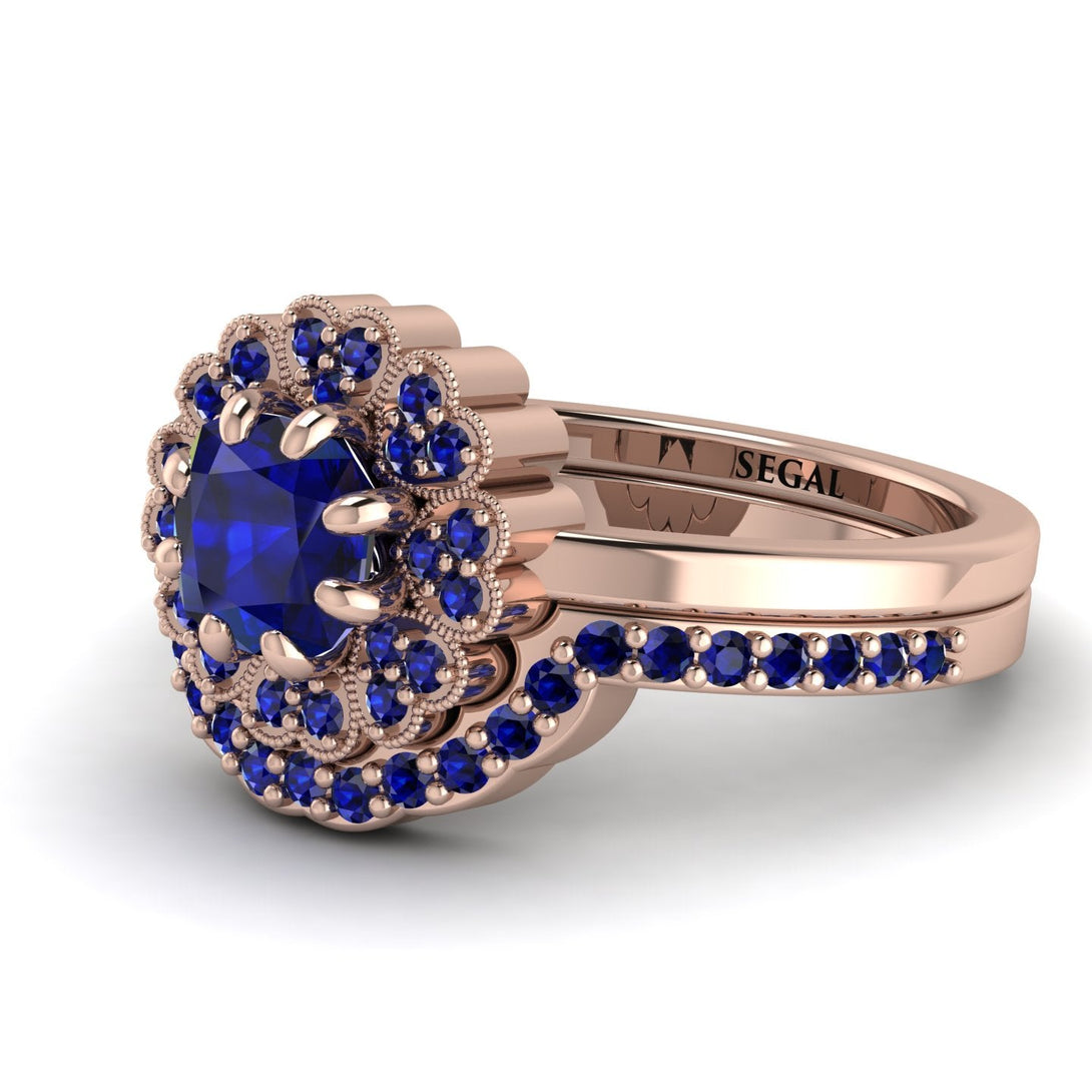 Double Halo Sapphire Cushion Bridal Set - Sharon No. 74