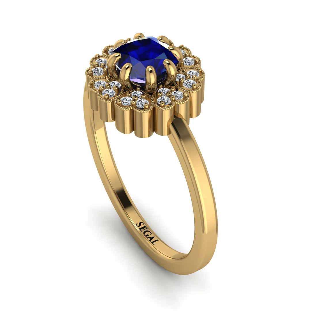Double Halo Sapphire Cushion Engagement Ring - Sharon No. 13