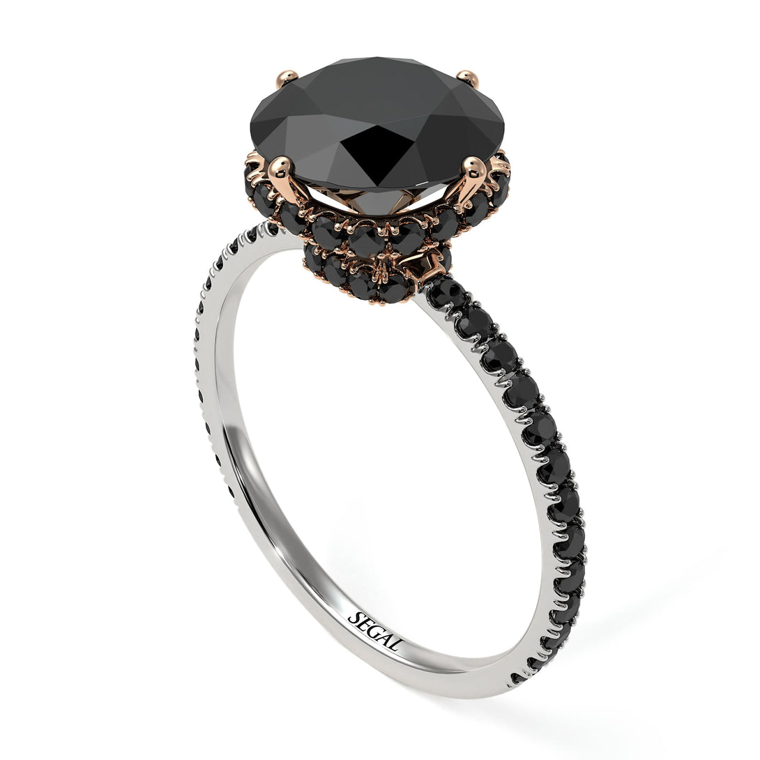 Two Tones Double Hidden Halo Black Diamond Engagement Ring - Angelina No. 81
