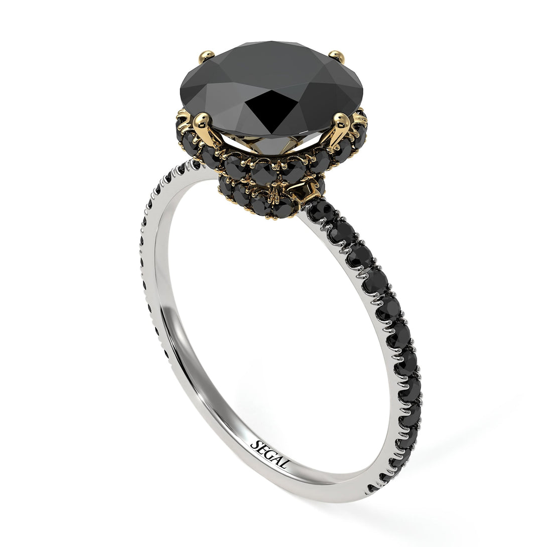 Two Tones Double Hidden Halo Black Diamond Engagement Ring - Angelina No. 80