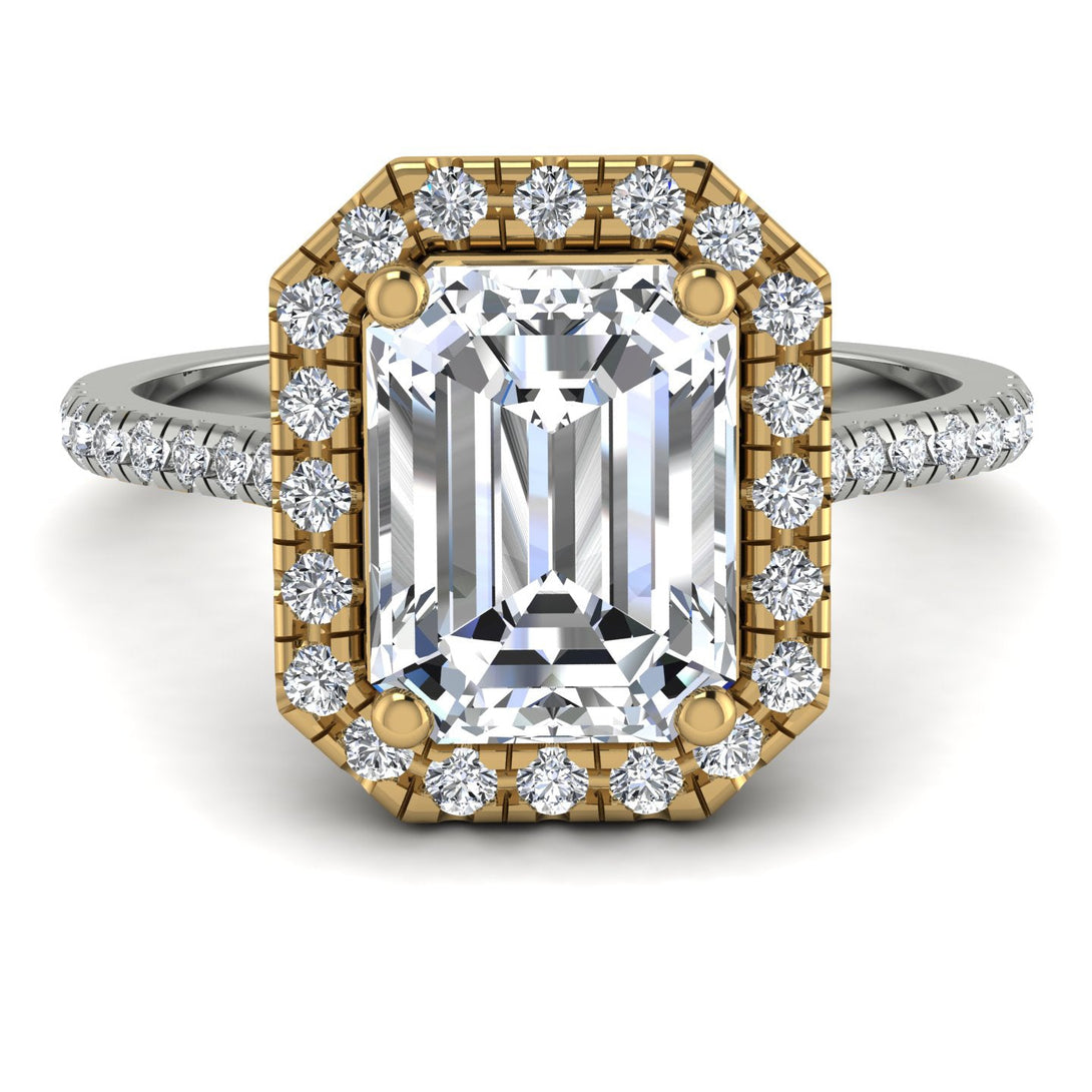 Two Tones Gorgeous Emerald Cut Diamond Pave Engagement Ring With Hidden Stone - Veronica No. 77