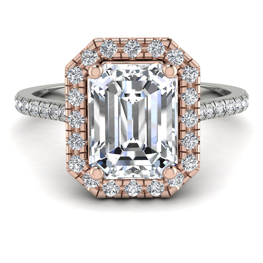 Two Tones Gorgeous Emerald Cut Diamond Pave Engagement Ring With Hidden Stone - Veronica No. 78