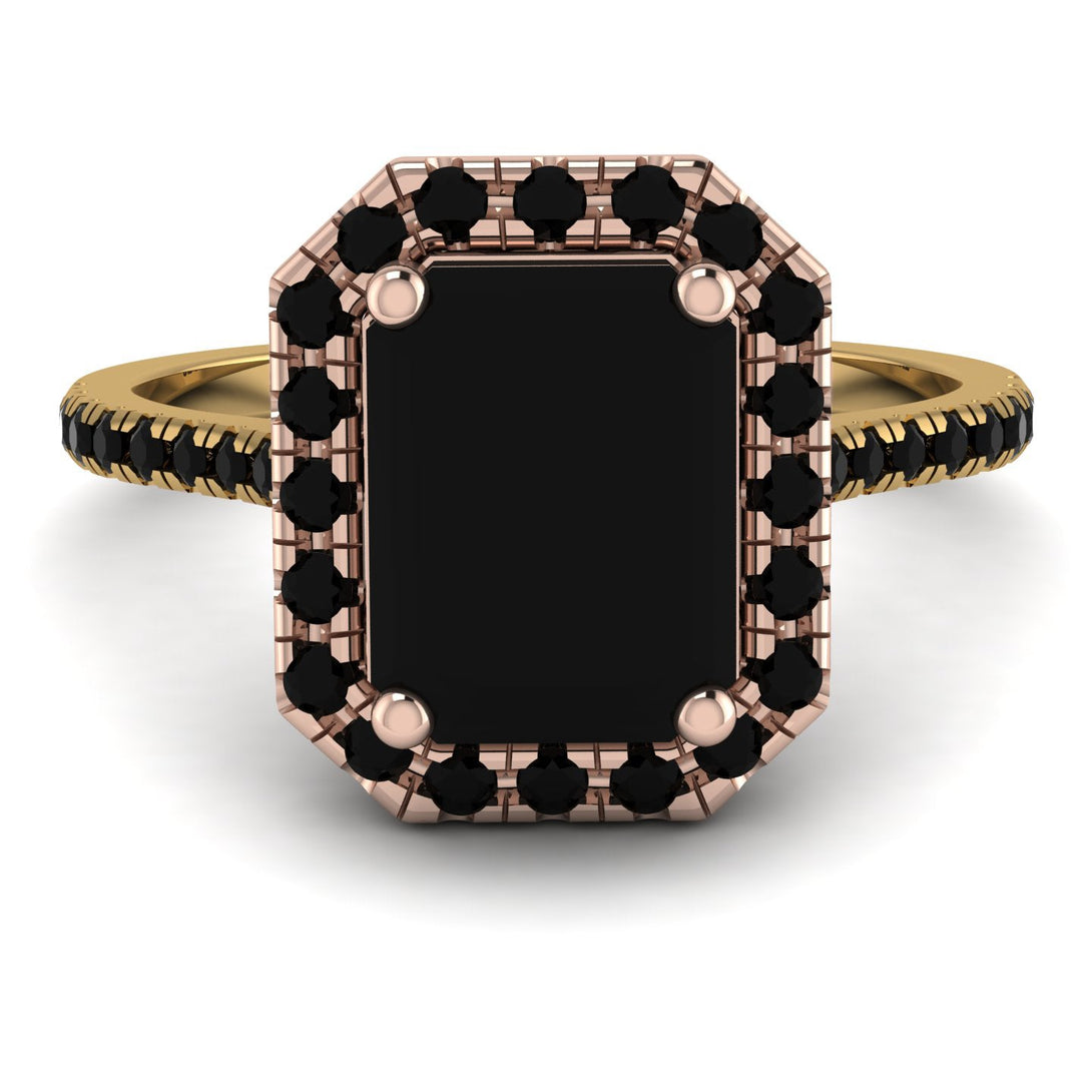 Two Tones Gorgeous Emerald Cut Black Diamond Pave Engagement Ring With Hidden Stone - Veronica No. 79