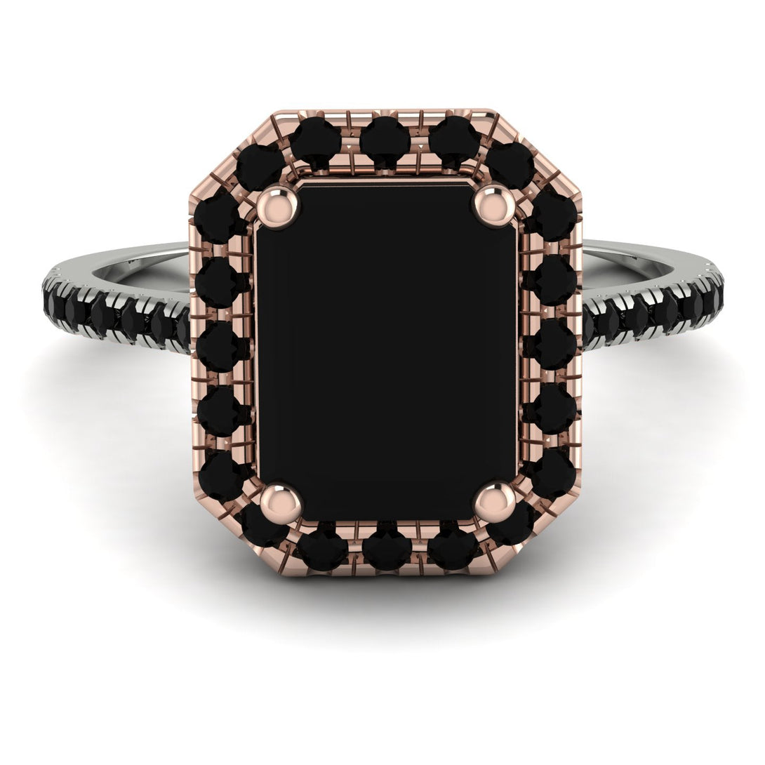 Two Tones Gorgeous Emerald Cut Black Diamond Pave Engagement Ring With Hidden Stone - Veronica No. 81
