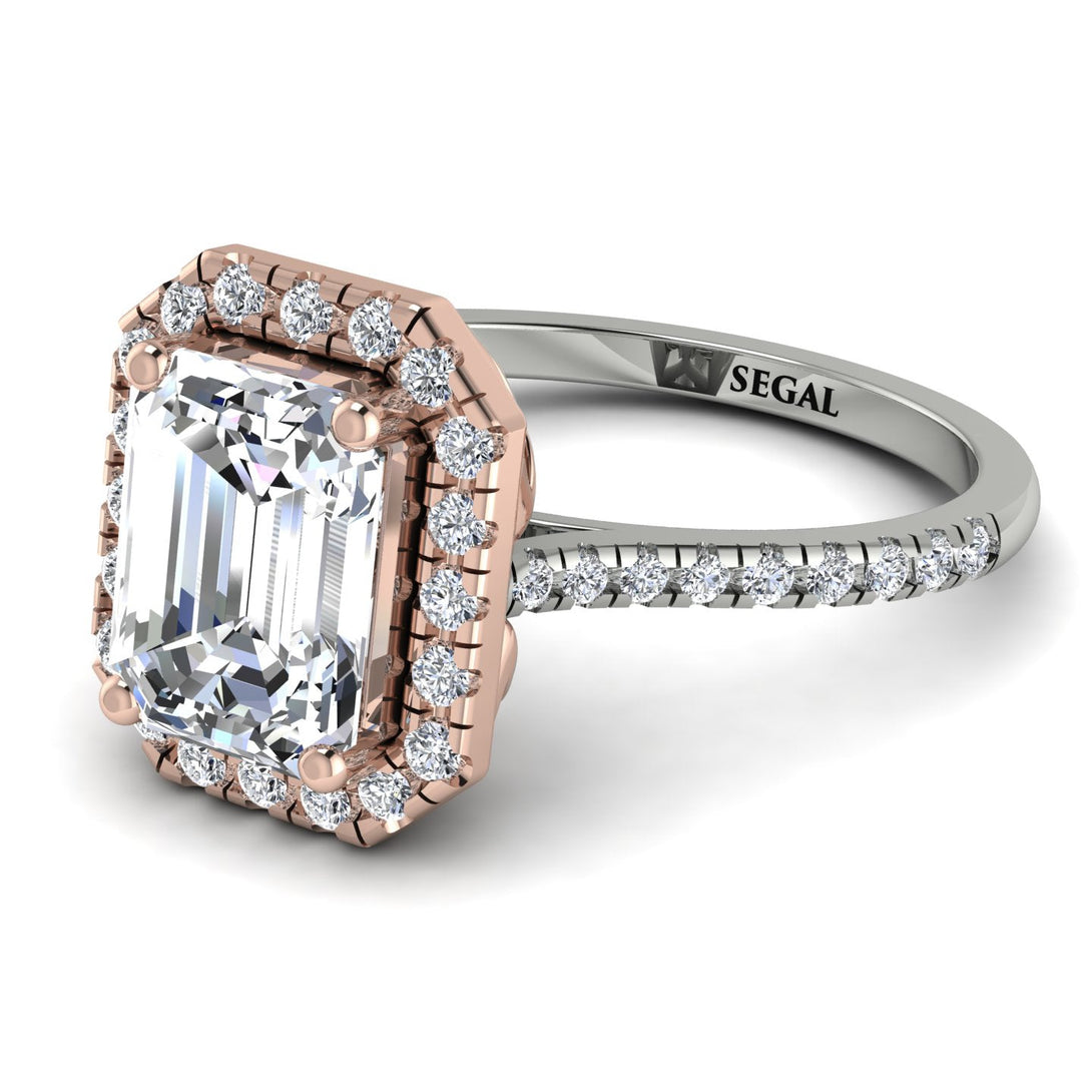 Two Tones Gorgeous Emerald Cut Diamond Pave Engagement Ring With Hidden Stone - Veronica No. 78