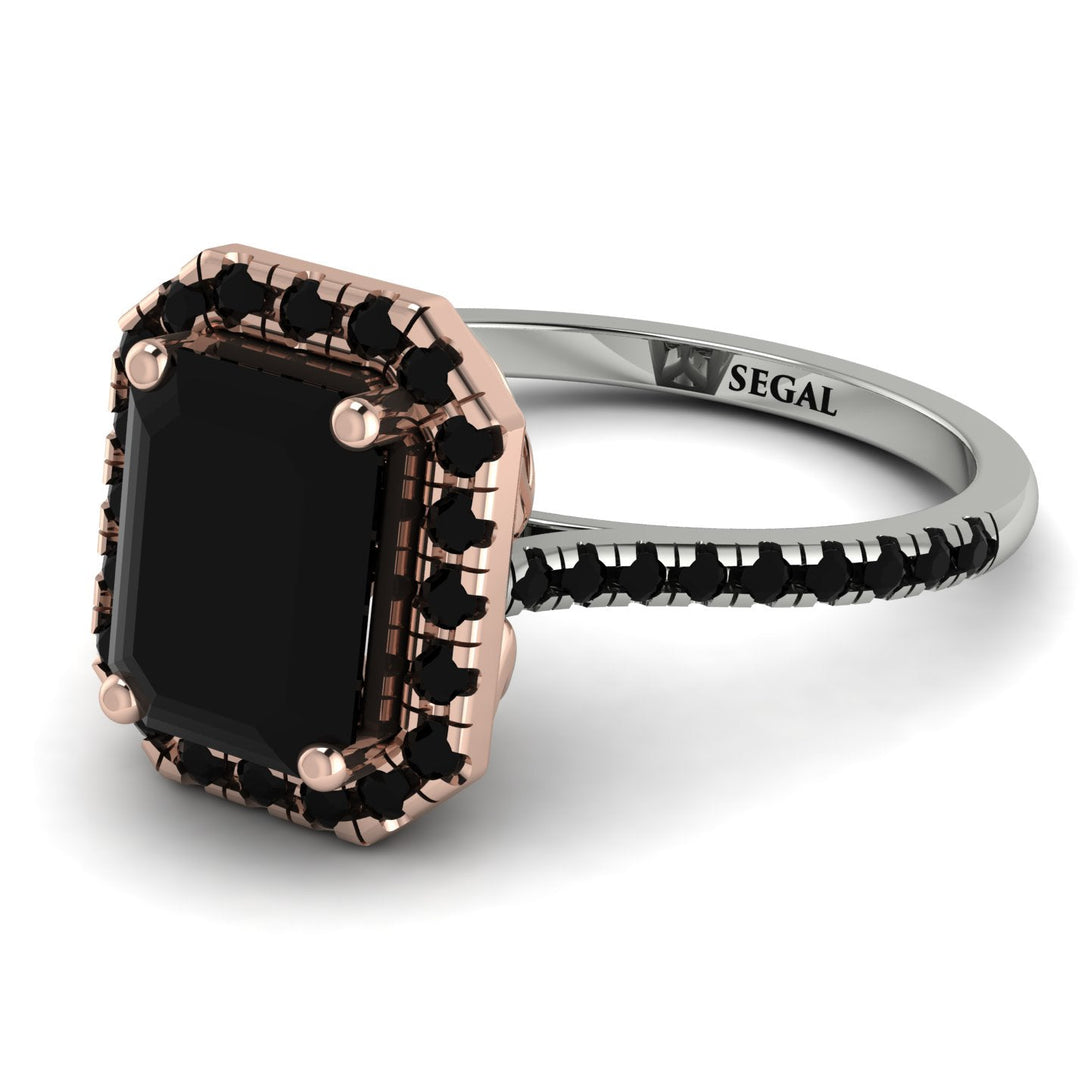 Two Tones Gorgeous Emerald Cut Black Diamond Pave Engagement Ring With Hidden Stone - Veronica No. 81