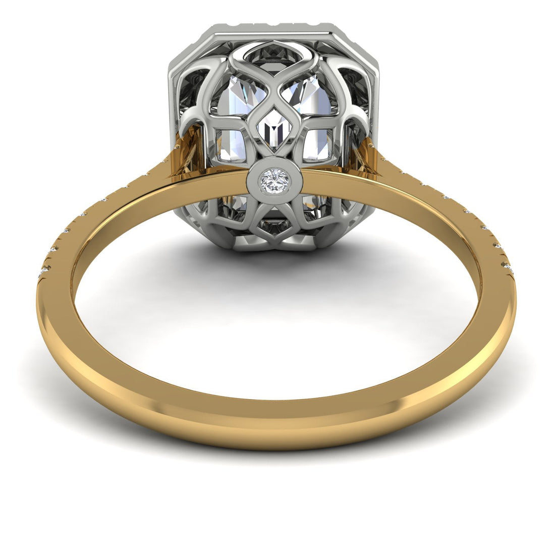 Two Tones Gorgeous Emerald Cut Diamond Pave Engagement Ring With Hidden Stone - Veronica No. 77