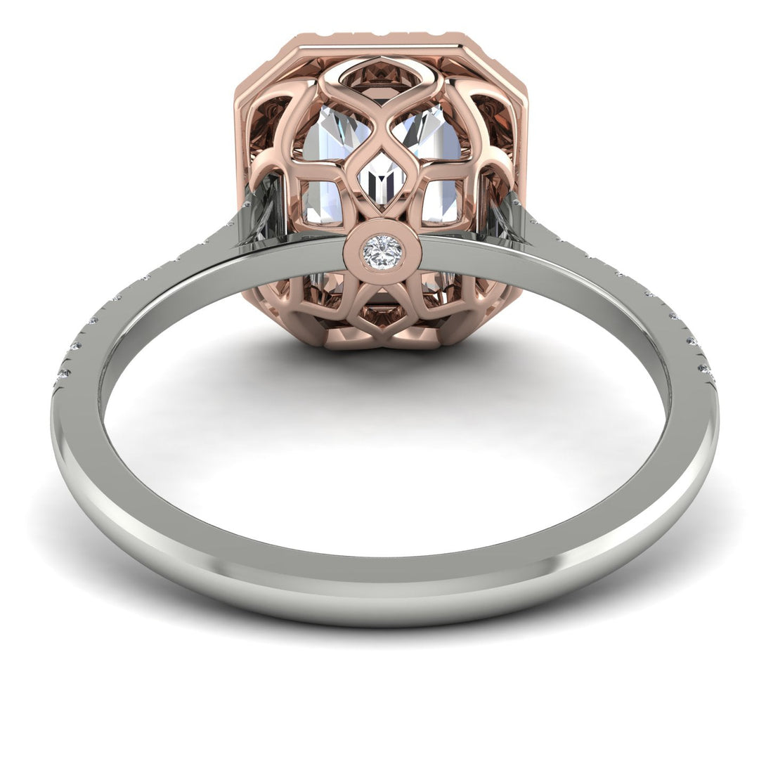 Two Tones Gorgeous Emerald Cut Diamond Pave Engagement Ring With Hidden Stone - Veronica No. 78