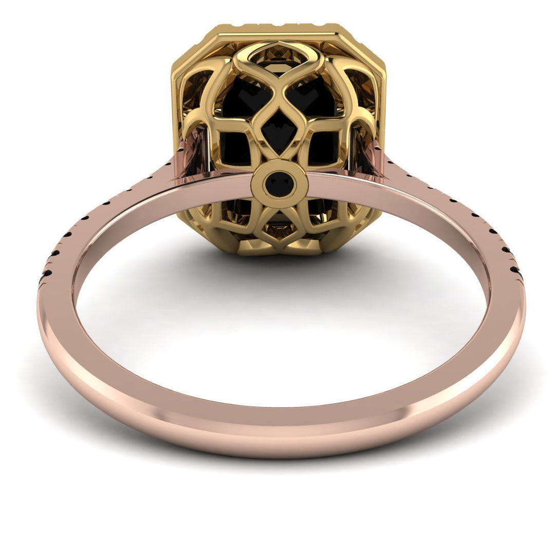 Two Tones Gorgeous Emerald Cut Black Diamond Pave Engagement Ring With Hidden Stone - Veronica No. 79