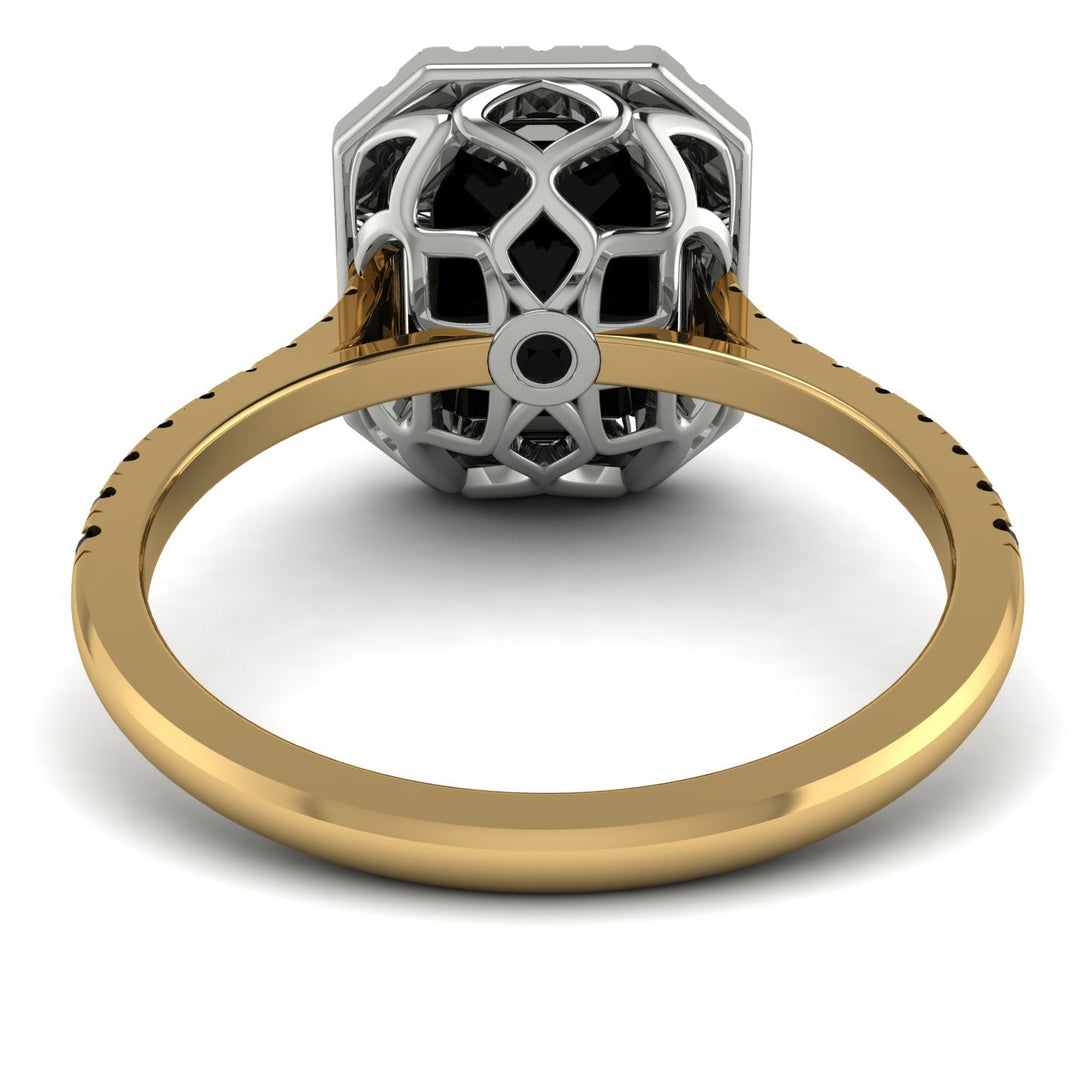 Two Tones Gorgeous Emerald Cut Black Diamond Pave Engagement Ring With Hidden Stone - Veronica No. 80