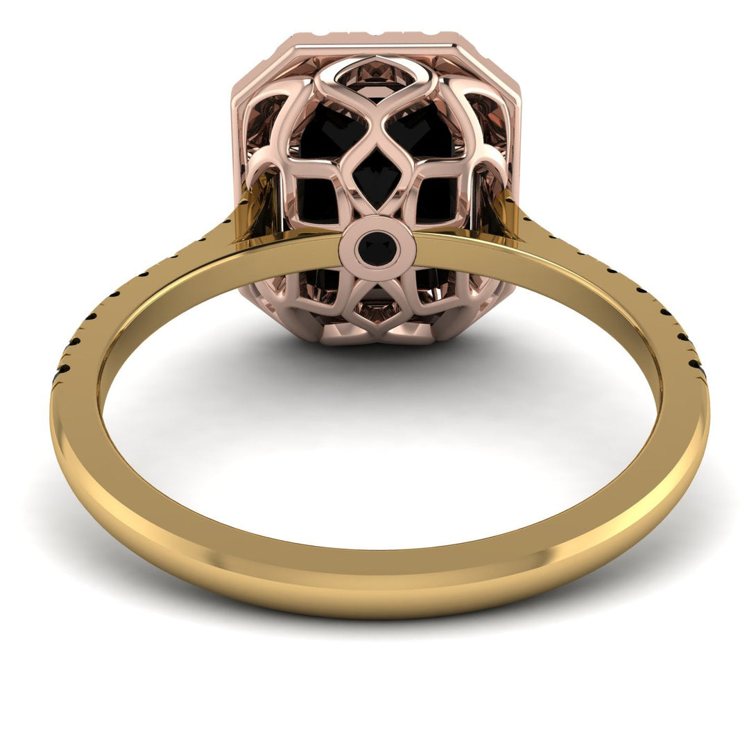 Two Tones Gorgeous Emerald Cut Black Diamond Pave Engagement Ring With Hidden Stone - Veronica No. 79