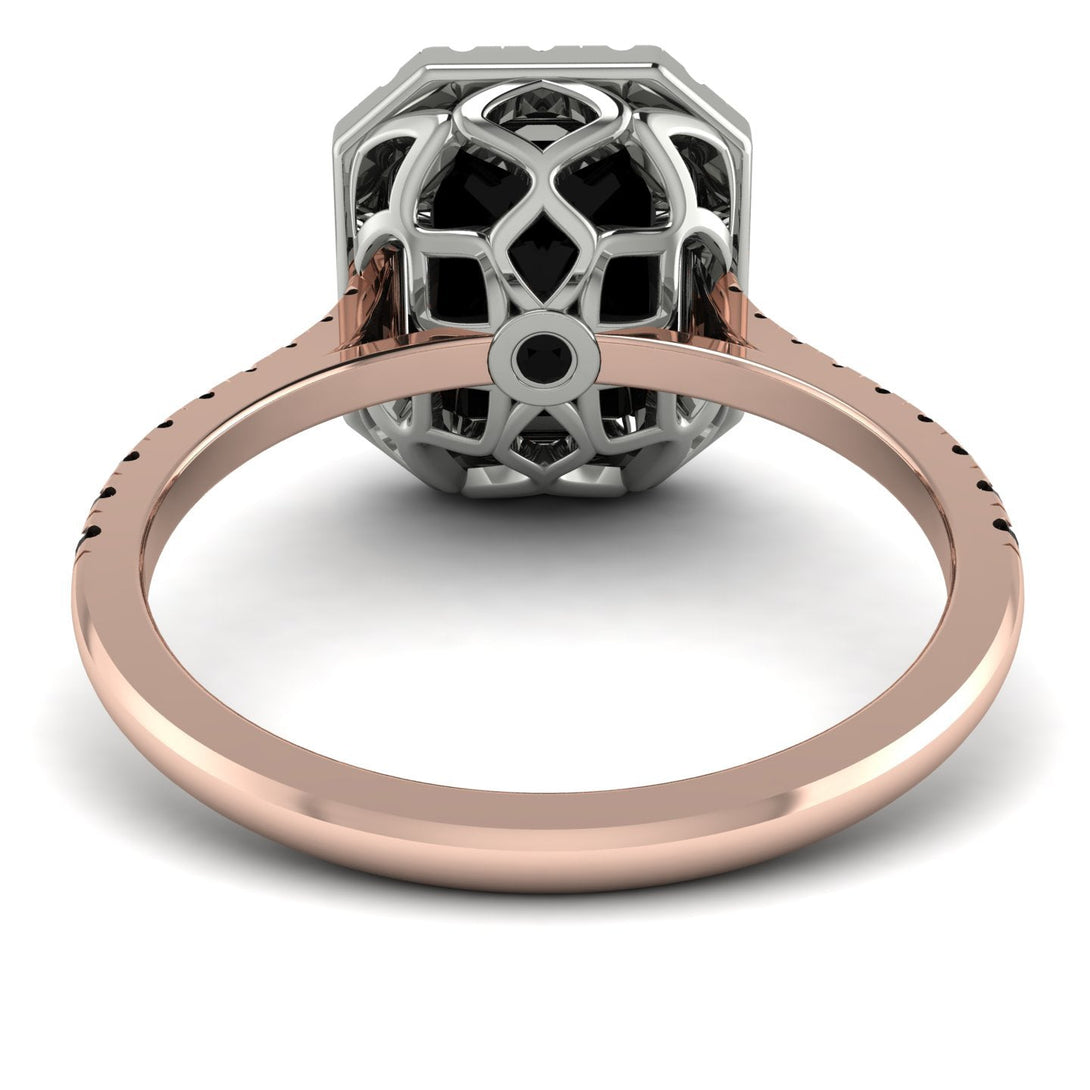 Two Tones Gorgeous Emerald Cut Black Diamond Pave Engagement Ring With Hidden Stone - Veronica No. 81