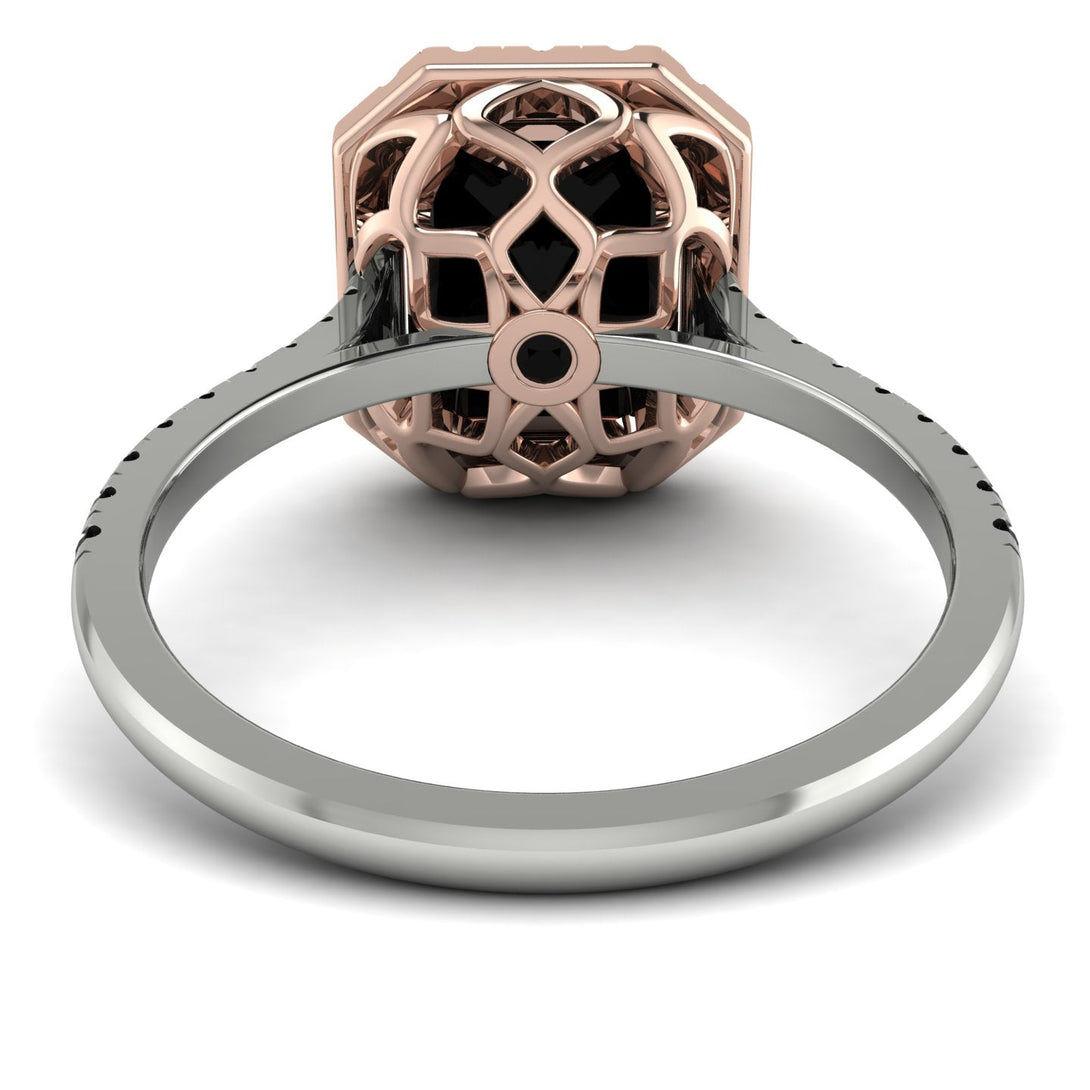 Two Tones Gorgeous Emerald Cut Black Diamond Pave Engagement Ring With Hidden Stone - Veronica No. 81