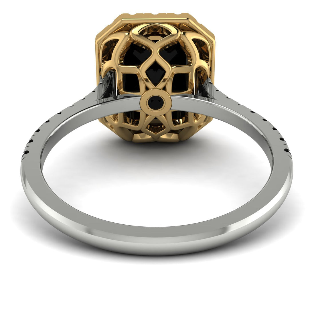 Two Tones Gorgeous Emerald Cut Black Diamond Pave Engagement Ring With Hidden Stone - Veronica No. 80